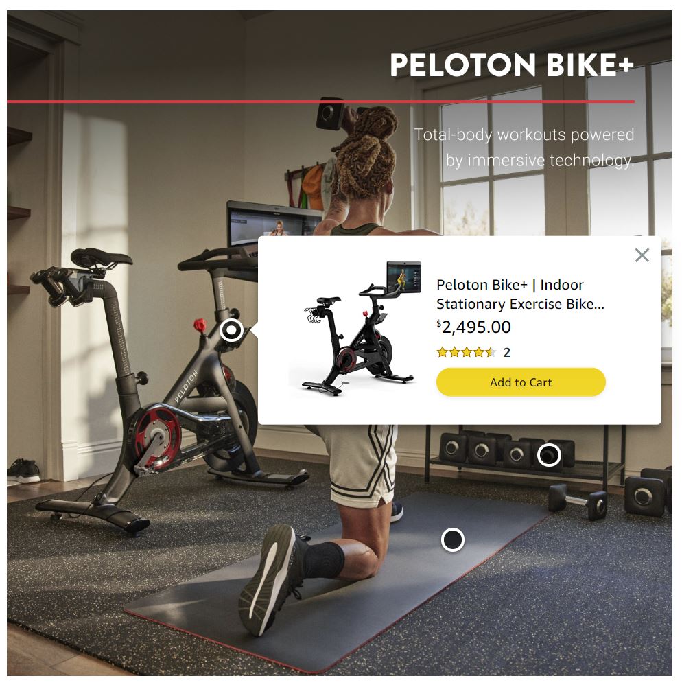 Peloton Shoppable Image module with hotspots for items available for purchase including Peloton bike+