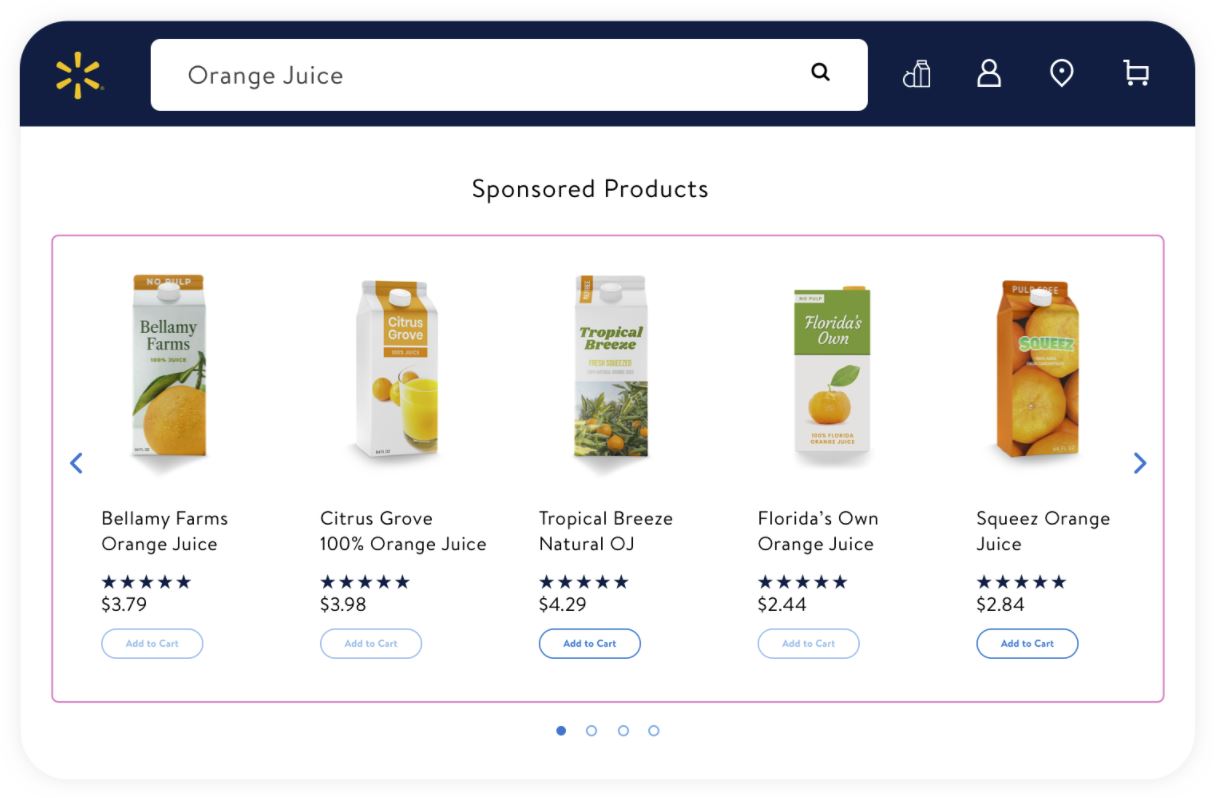 Example of orange juice appearing on Walmart’s carousel of sponsored products